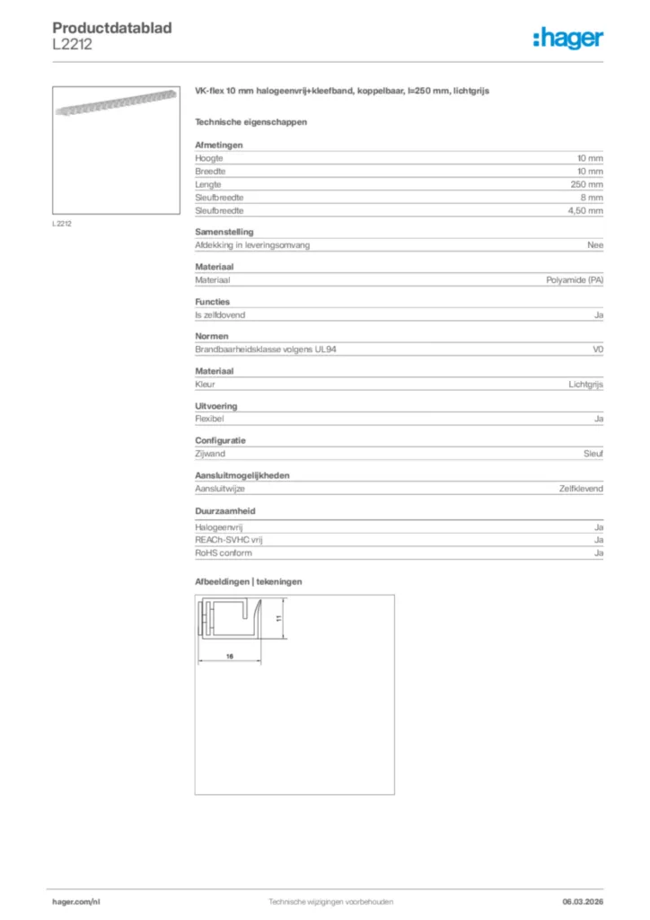 Afbeelding Hager Productdatablad L2212 | Hager Nederland