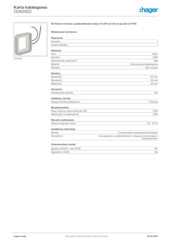 Zdjęcie Hager Karta katalogowa 13383502 | Hager Polska
