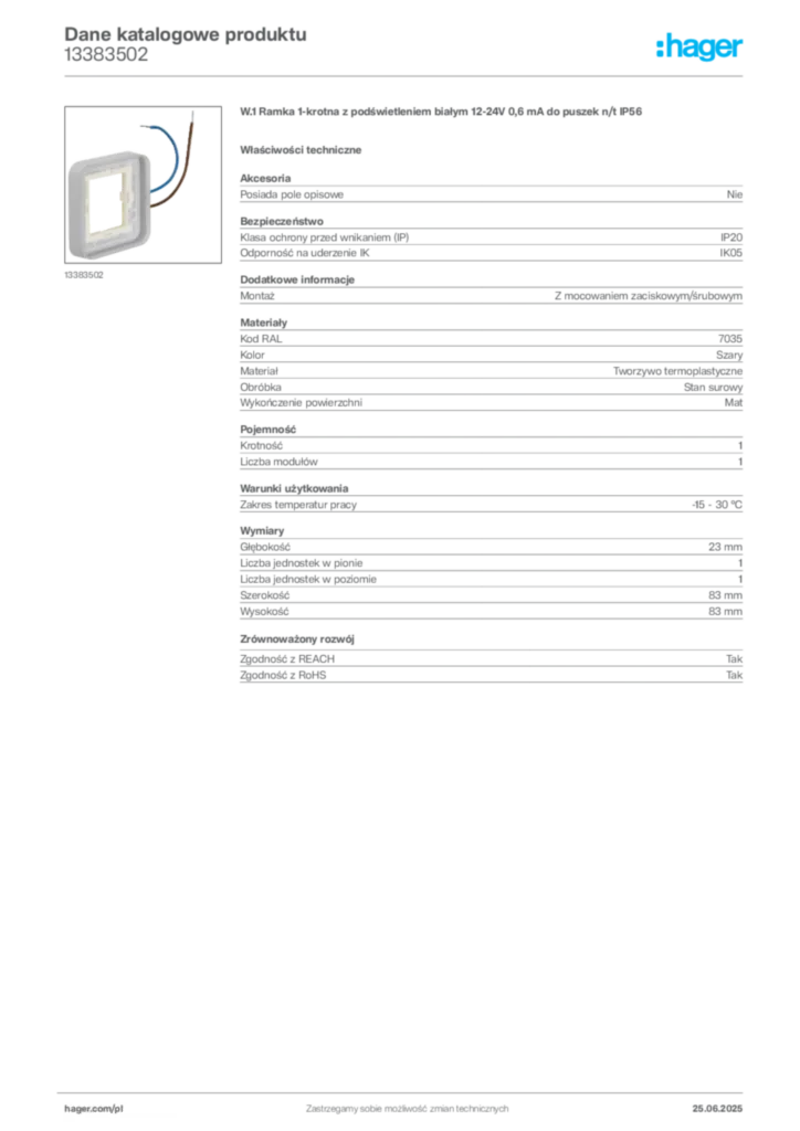 Zdjęcie Hager Karta katalogowa 13383502 | Hager Polska