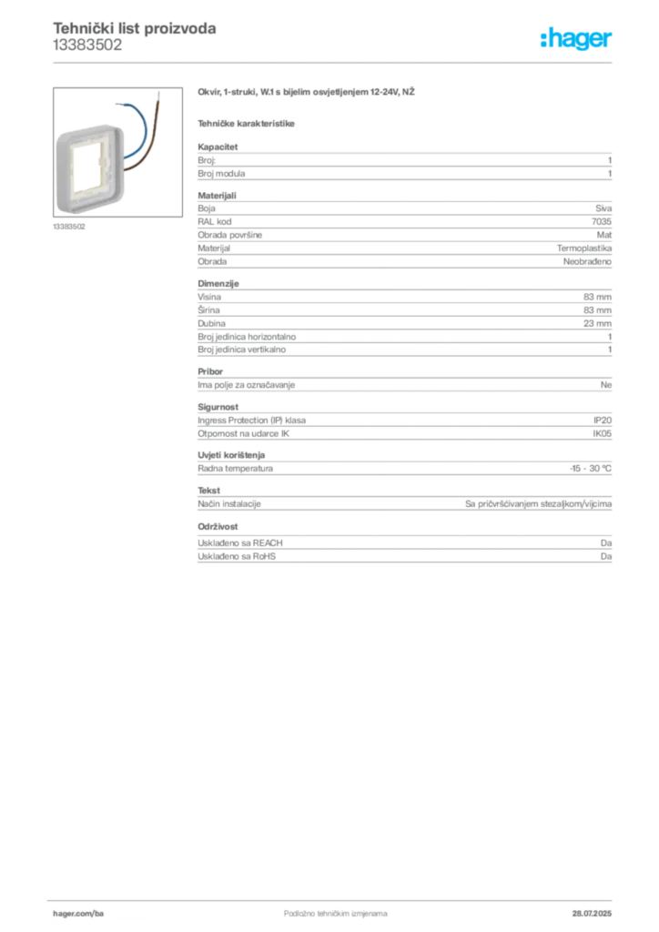 Slika Hager Product data sheet 13383502  | Hager