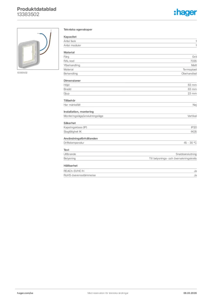 Bild Hager Produktdatablad 13383502 | Hager Sverige