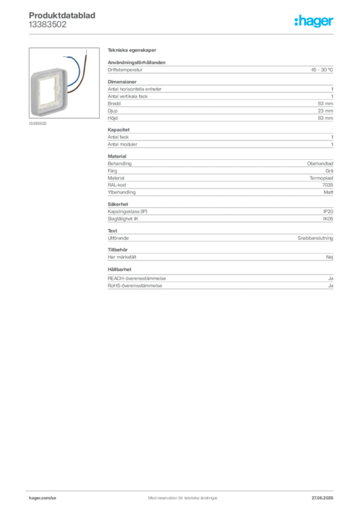Bild Hager Produktdatablad 13383502 | Hager Sverige