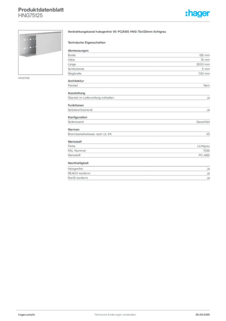 Bild Hager Produktdatenblatt HNG75125 | Hager Deutschland