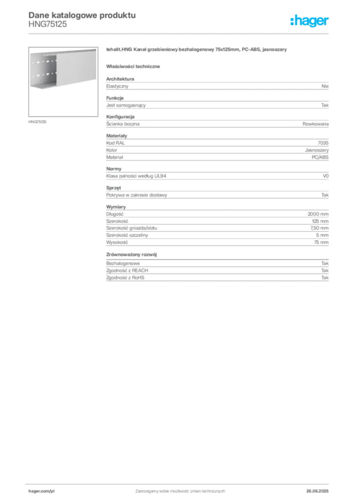 Zdjęcie Hager Karta katalogowa HNG75125 | Hager Polska