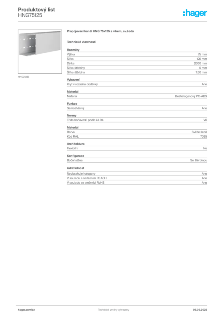 Obrázek Hager Produktový list HNG75125 | Hager