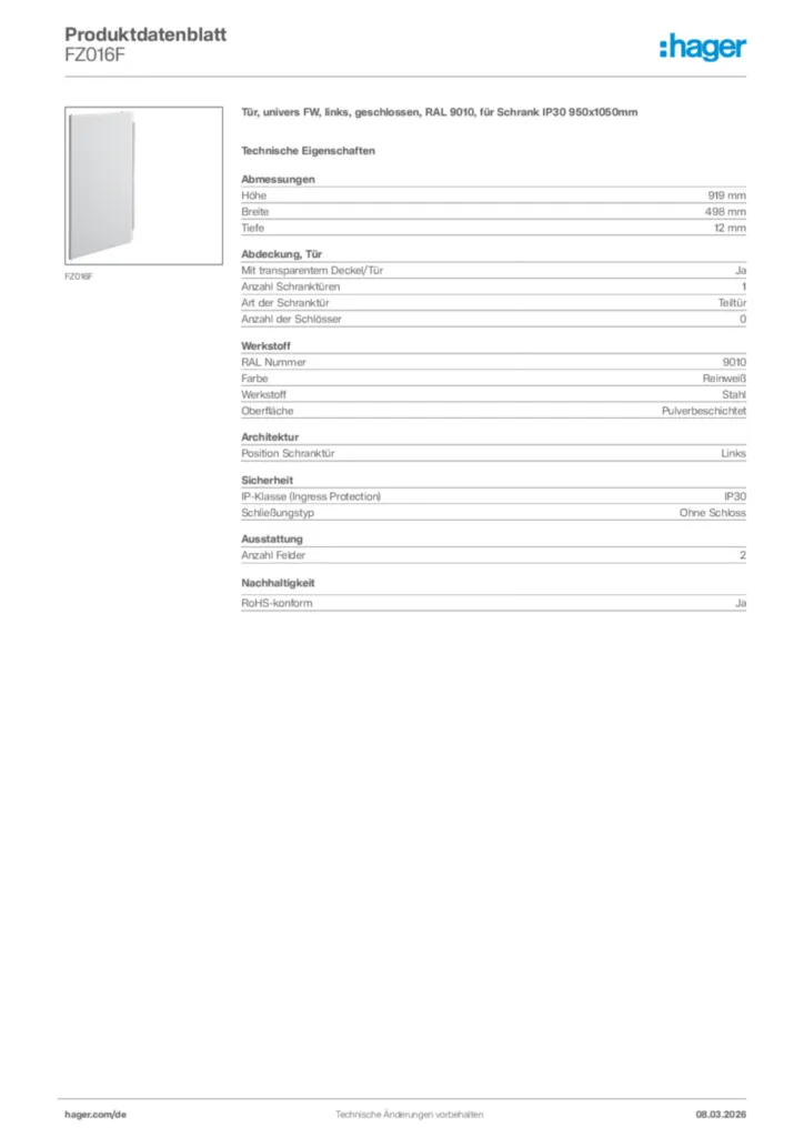 Bild Hager Produktdatenblatt FZ016F | Hager Deutschland