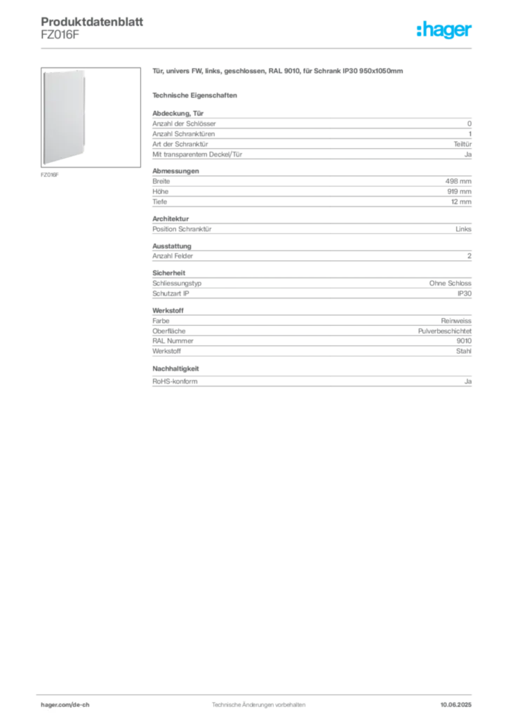 Bild Hager Produktdatenblatt FZ016F | Hager Schweiz