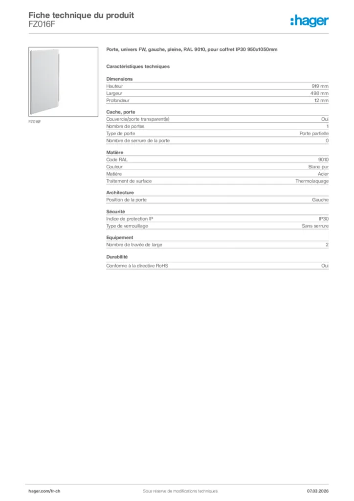 Image Hager Fiche technique du produit FZ016F | Hager Suisse