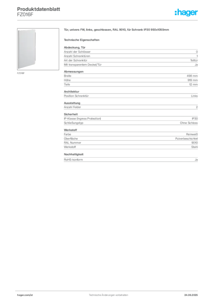 Bild Hager Produktdatenblatt FZ016F | Hager Deutschland