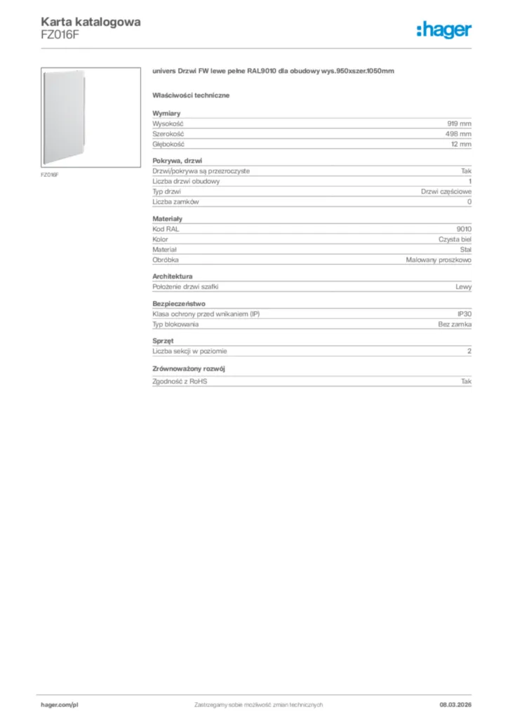 Zdjęcie Hager Karta katalogowa FZ016F | Hager Polska
