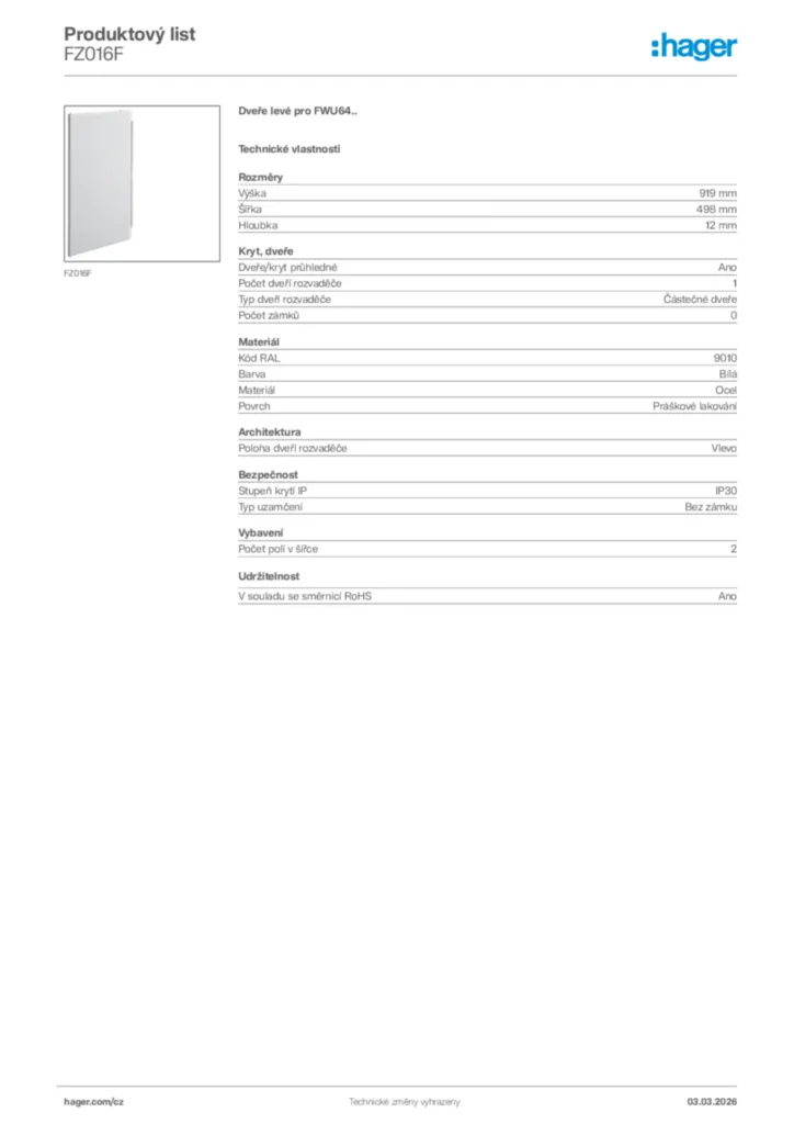 Obrázek Hager Product data sheet FZ016F | Hager