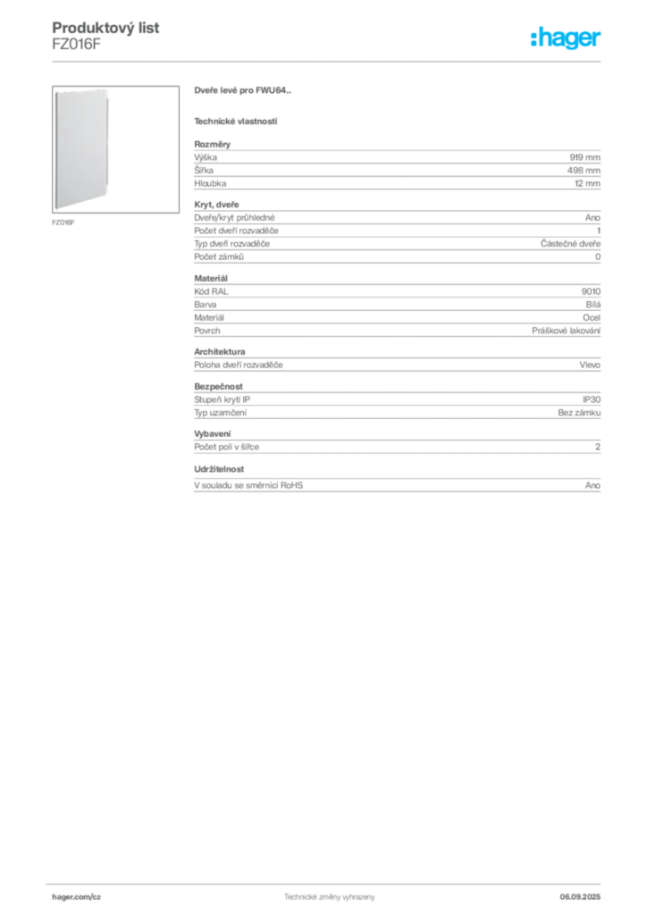 Obrázek Hager Produktový list FZ016F | Hager