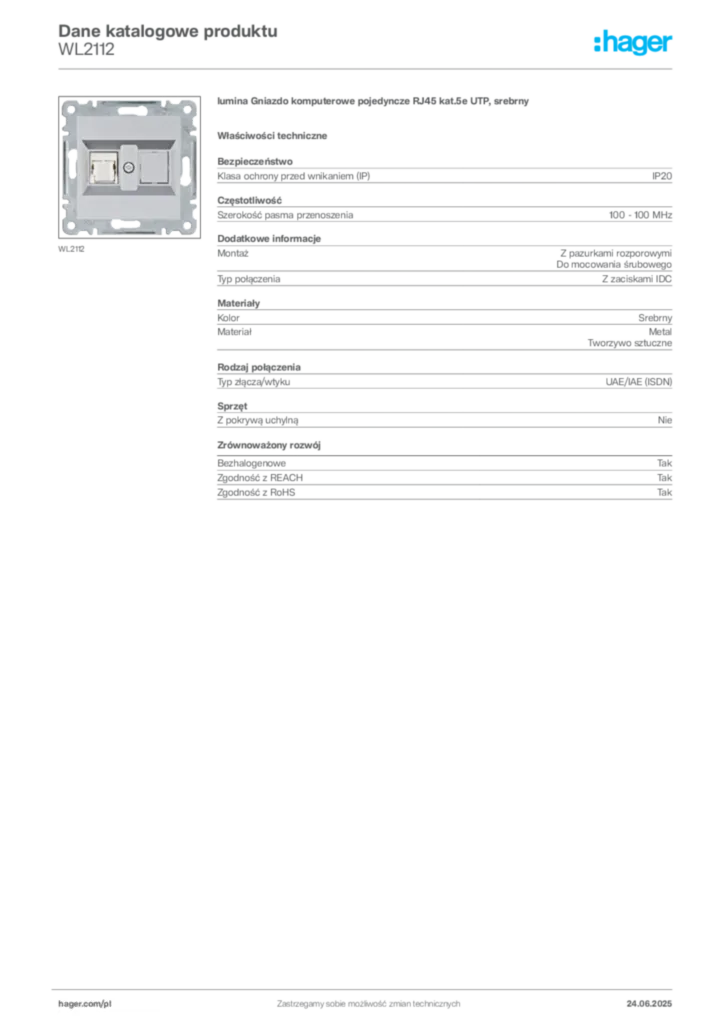 Zdjęcie Hager Karta katalogowa WL2112 | Hager Polska