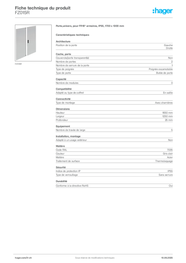 Image Hager Fiche technique du produit FZ015R | Hager Suisse