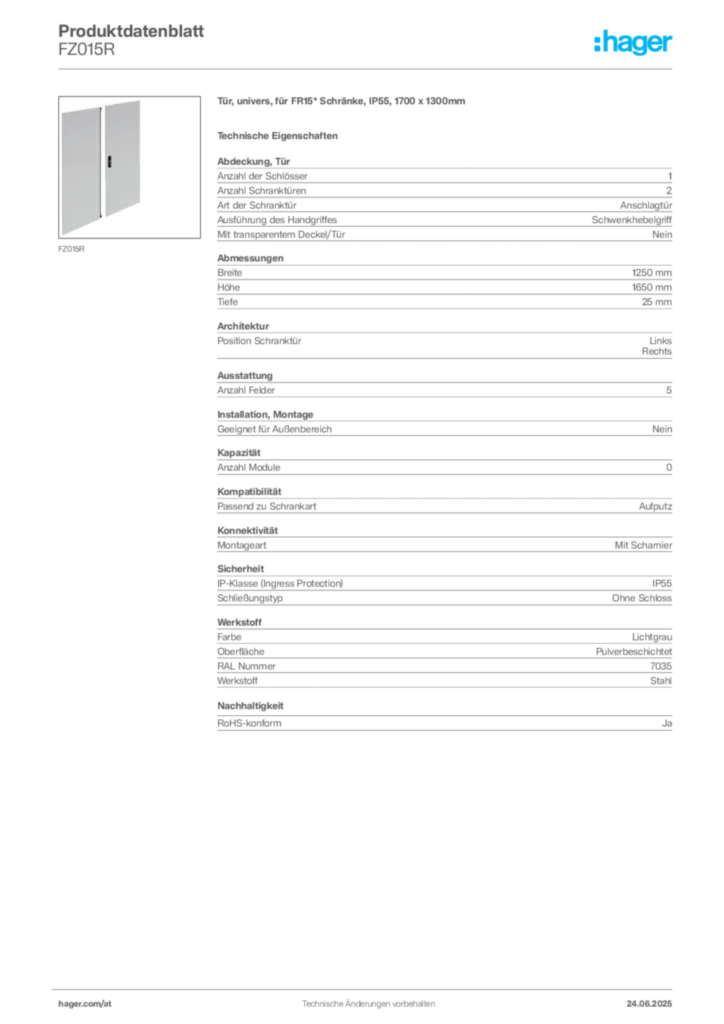 Bild Hager Produktdatenblatt FZ015R | Hager Deutschland