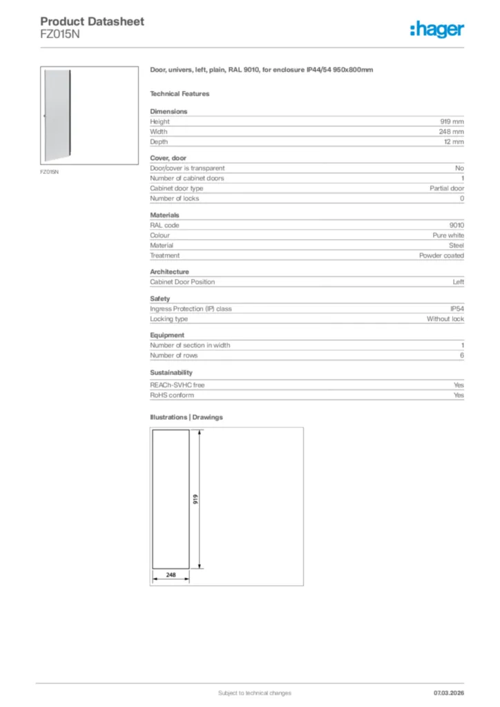 Image Hager Product data sheet FZ015N  | Hager Africa