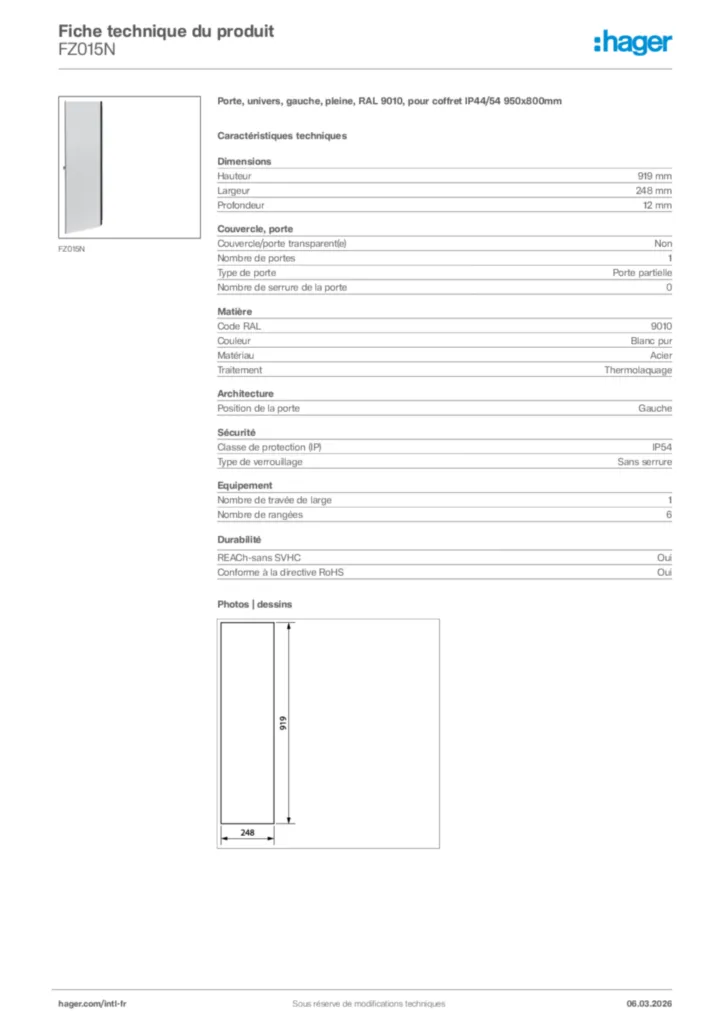 Image Hager Fiche technique du produit FZ015N | Hager Afrique