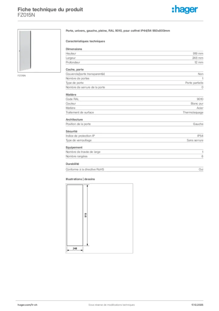 Image Hager Fiche technique du produit FZ015N | Hager Suisse