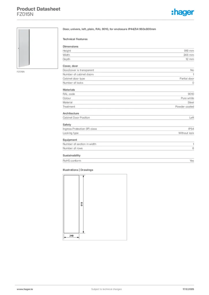 Image Hager Product data sheet FZ015N  | Hager
