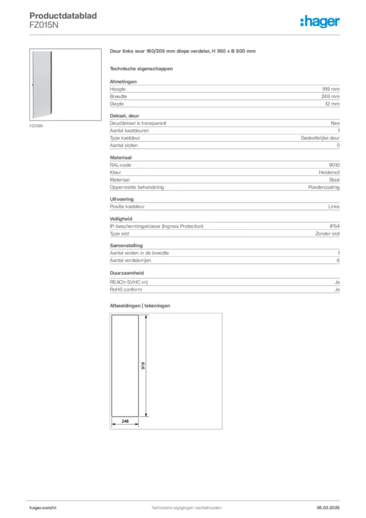 Afbeelding Hager Productdatablad FZ015N | Hager Nederland