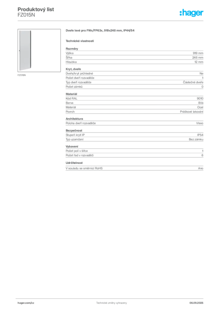 Obrázek Hager Produktový list FZ015N | Hager