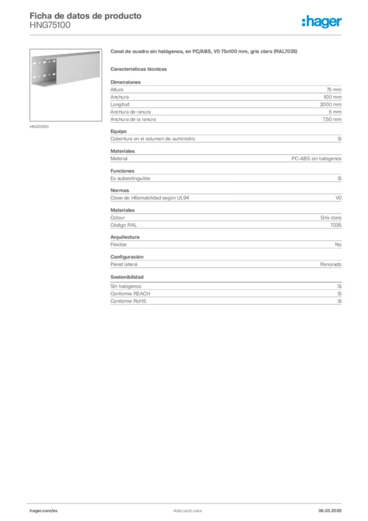 Imagen Hager Ficha de datos de producto HNG75100 | Hager España