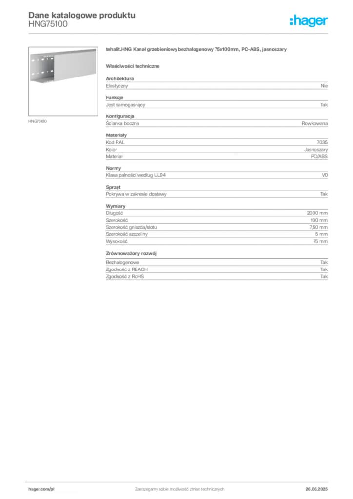 Zdjęcie Hager Karta katalogowa HNG75100 | Hager Polska