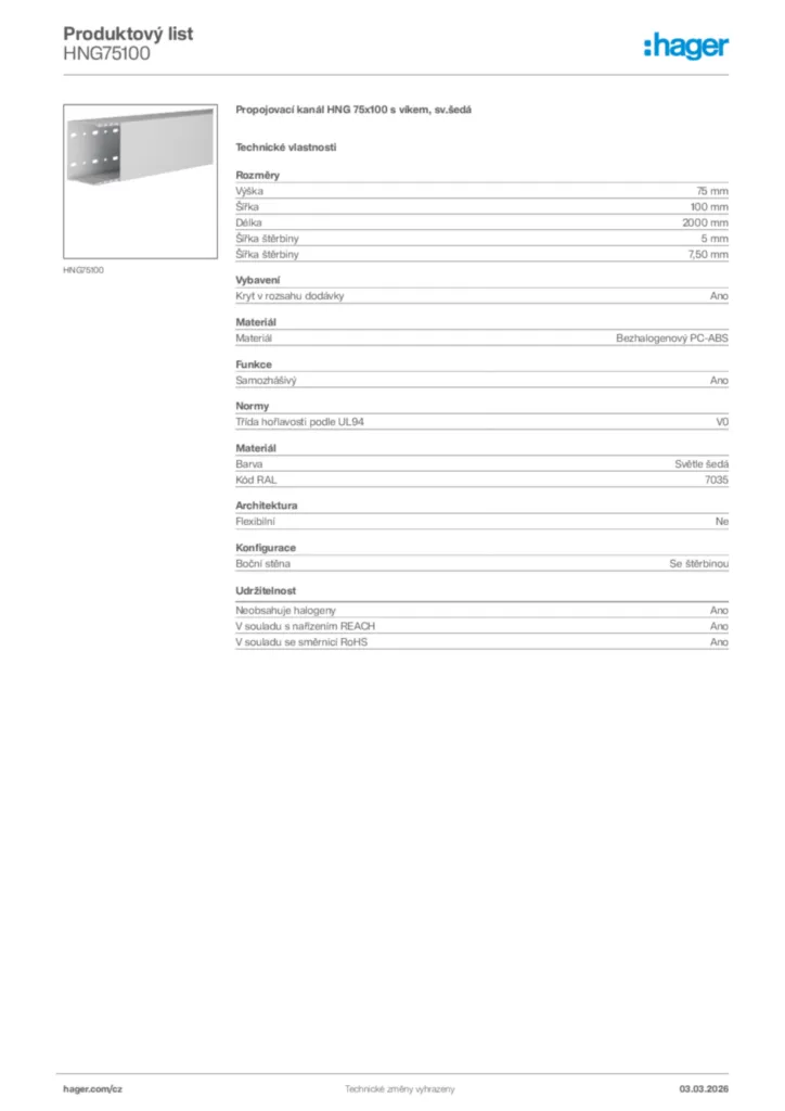 Obrázek Hager Product data sheet HNG75100 | Hager