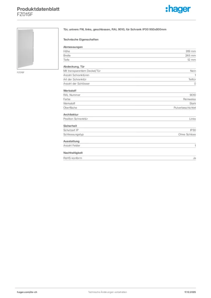 Bild Hager Produktdatenblatt FZ015F | Hager Schweiz