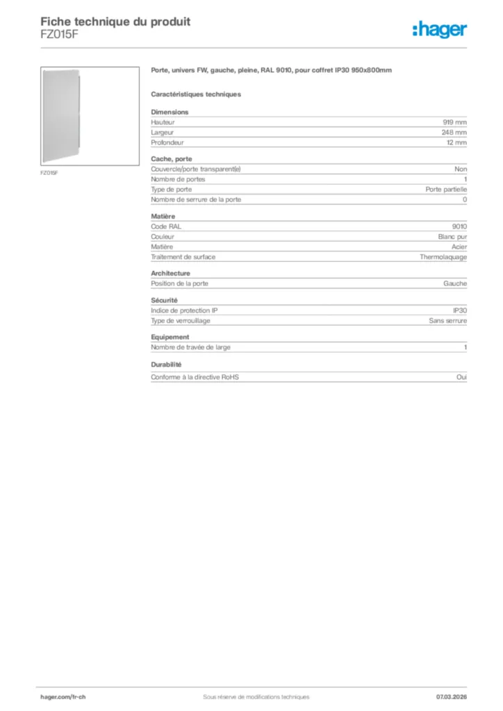 Image Hager Fiche technique du produit FZ015F | Hager Suisse