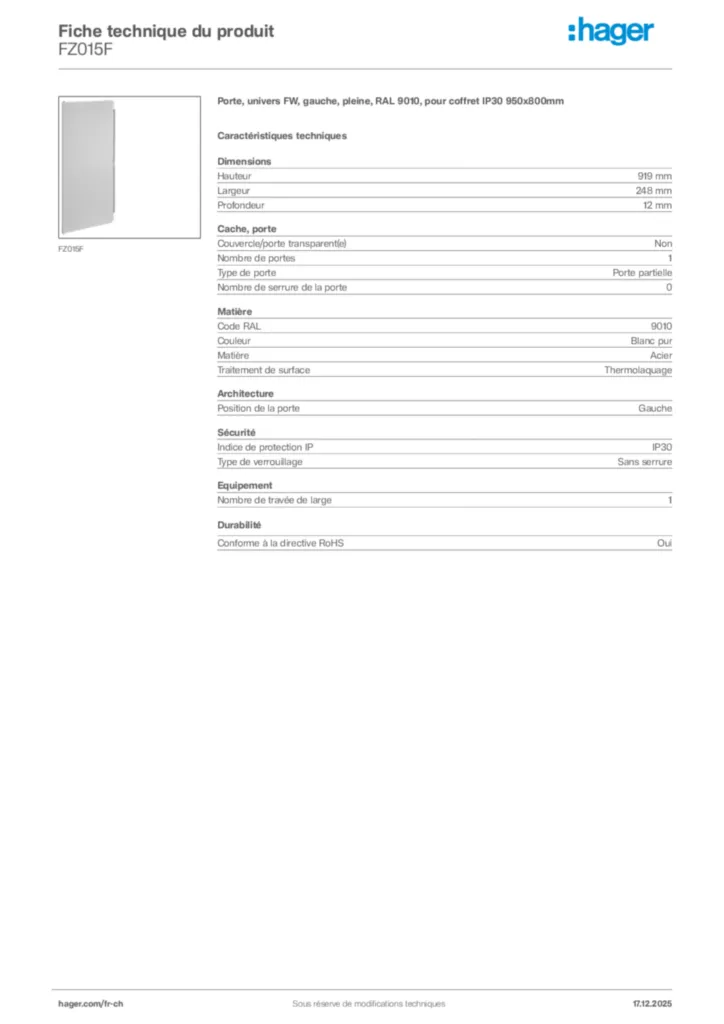 Image Hager Fiche technique du produit FZ015F | Hager Suisse