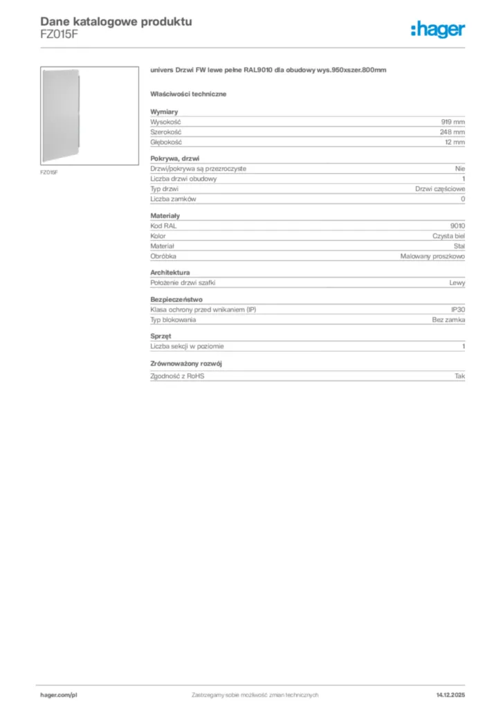 Zdjęcie Hager Karta katalogowa FZ015F | Hager Polska