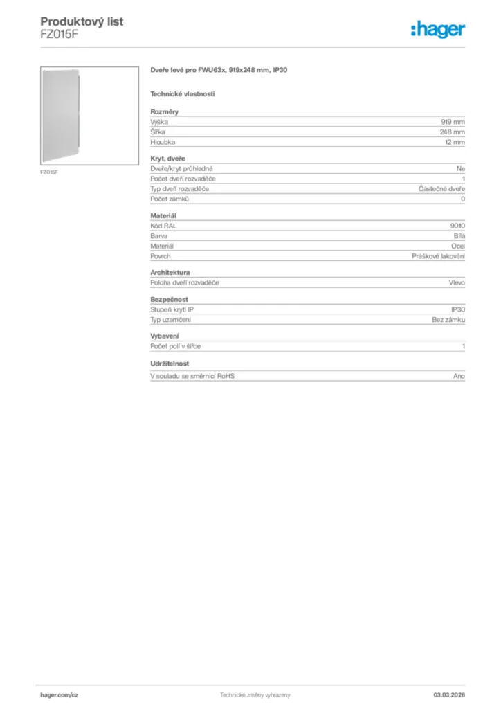 Obrázek Hager Product data sheet FZ015F | Hager