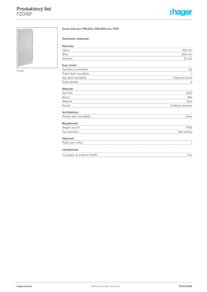 Obrázek Hager Produktový list FZ015F | Hager