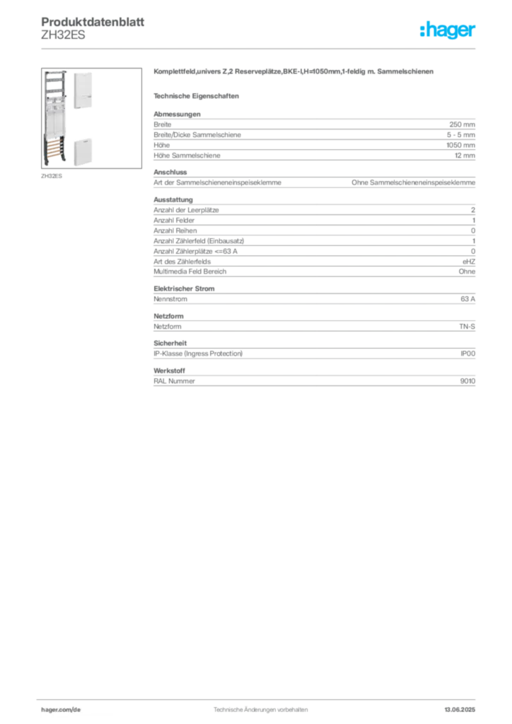 Bild Hager Produktdatenblatt ZH32ES | Hager Deutschland
