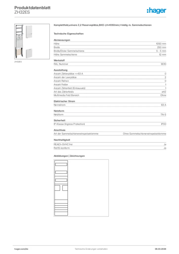 Bild Hager Produktdatenblatt ZH32ES | Hager Deutschland