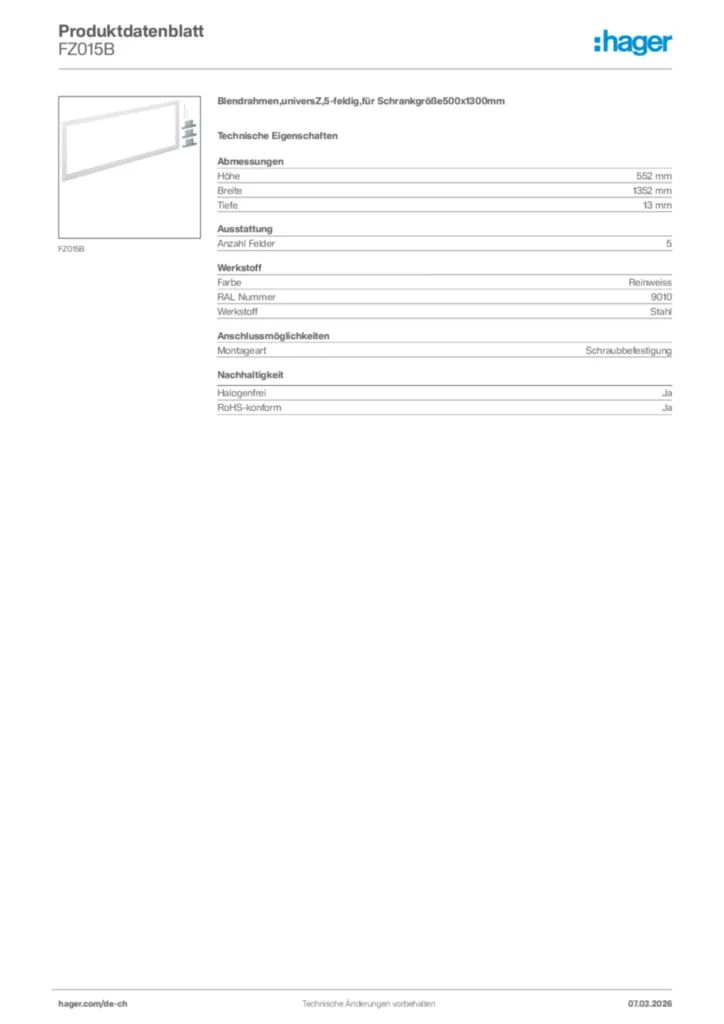 Bild Hager Produktdatenblatt FZ015B | Hager Schweiz
