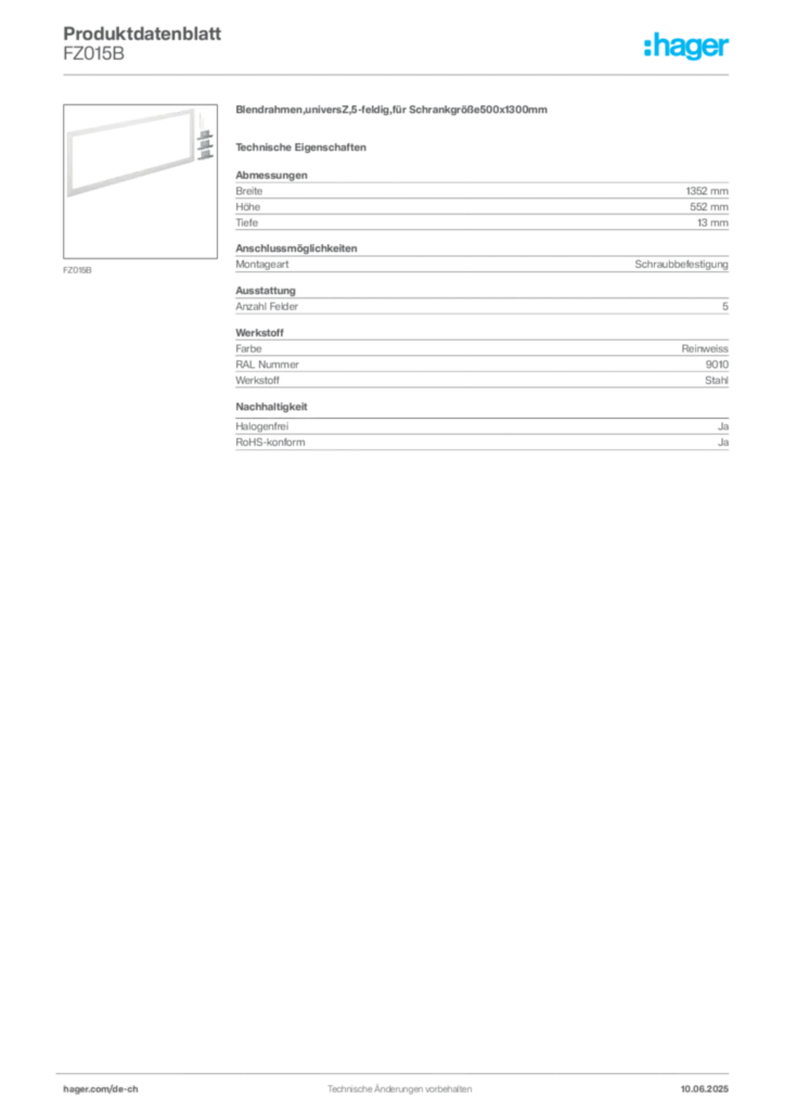 Bild Hager Produktdatenblatt FZ015B | Hager Schweiz
