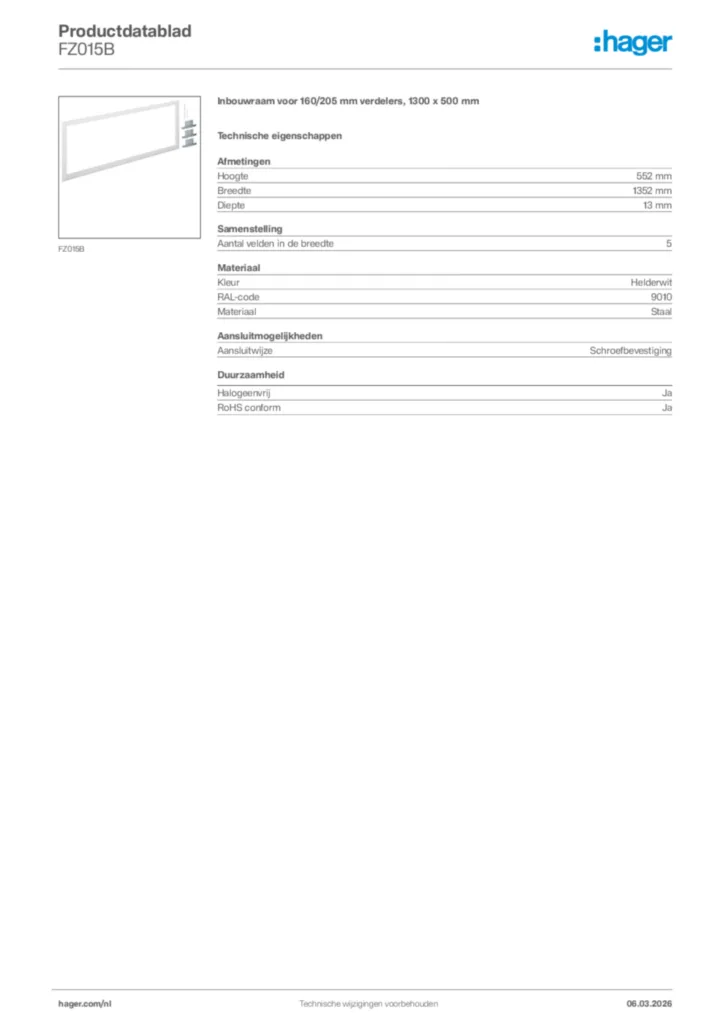 Afbeelding Hager Productdatablad FZ015B | Hager Nederland