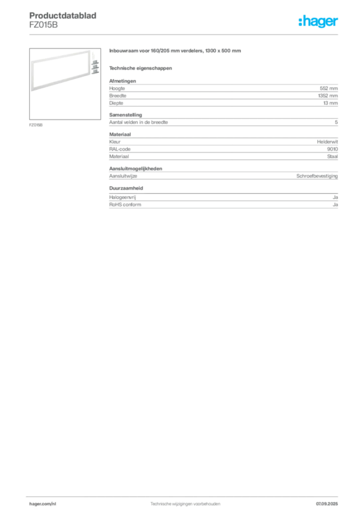 Afbeelding Hager Productdatablad FZ015B | Hager Nederland