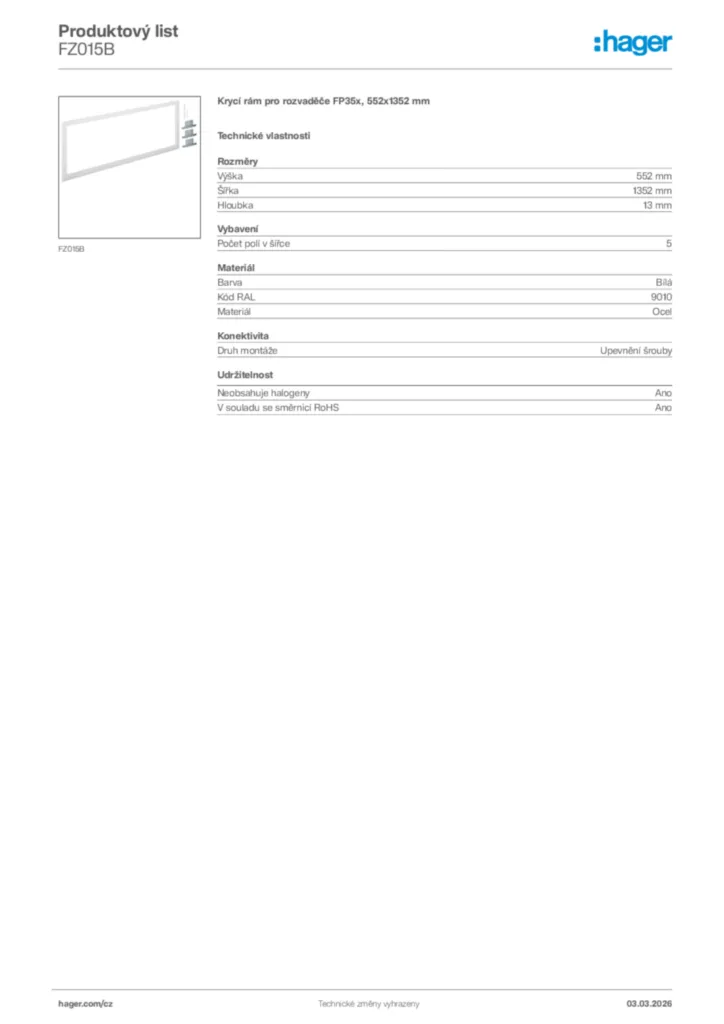 Obrázek Hager Product data sheet FZ015B | Hager