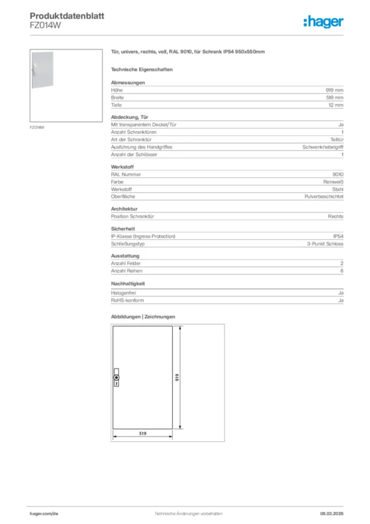 Bild Hager Produktdatenblatt FZ014W | Hager Deutschland