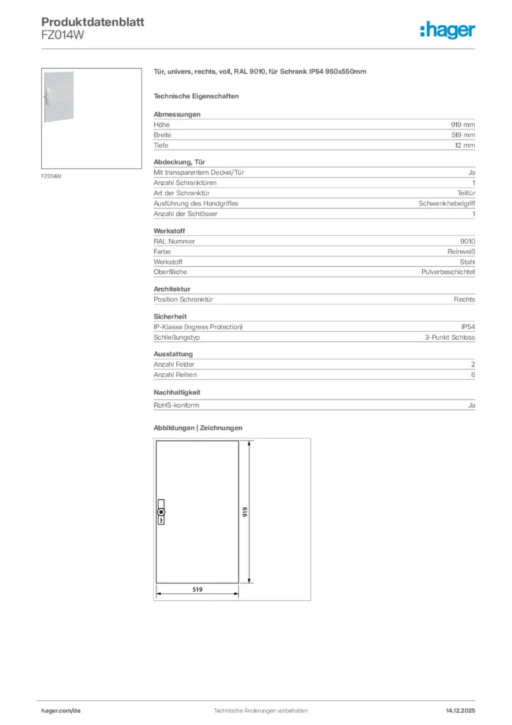 Bild Hager Produktdatenblatt FZ014W | Hager Deutschland