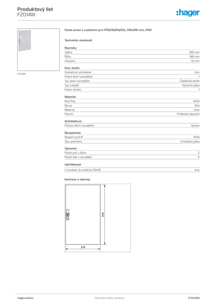 Obrázek Hager Produktový list FZ014W | Hager