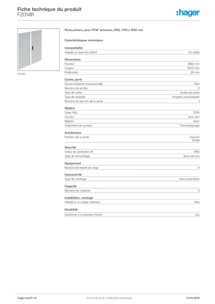 Image Hager Fiche technique du produit FZ014R | Hager Suisse