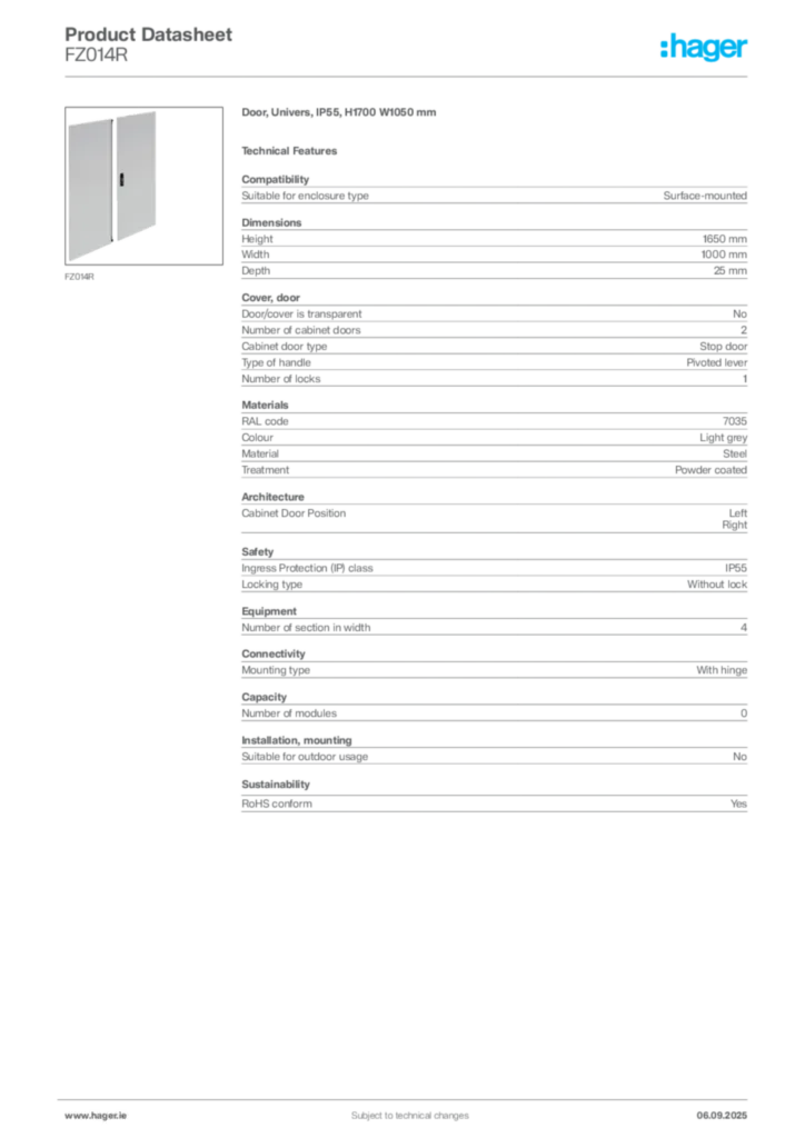 Image Hager Product data sheet FZ014R  | Hager