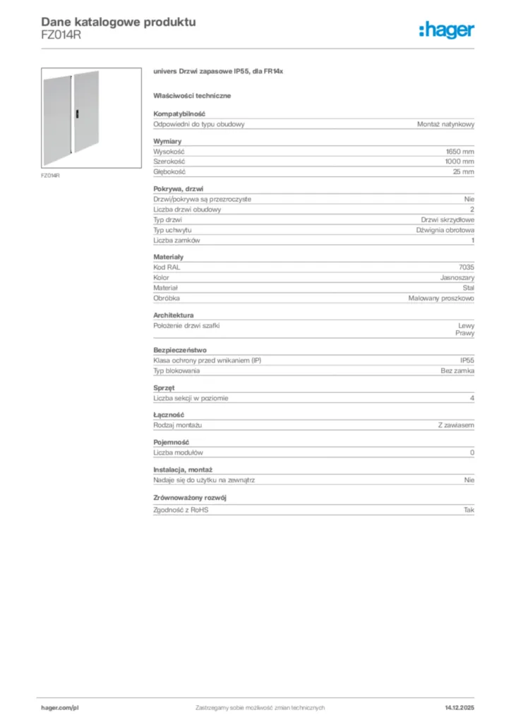 Zdjęcie Hager Karta katalogowa FZ014R | Hager Polska