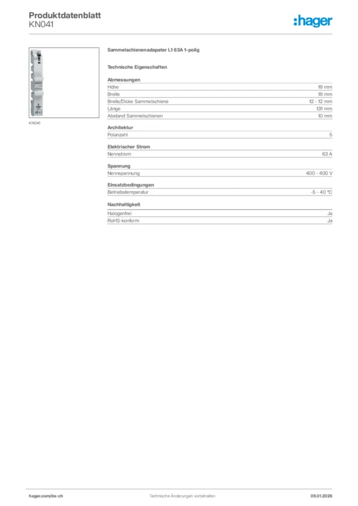 Bild Hager Produktdatenblatt KN041 | Hager Schweiz