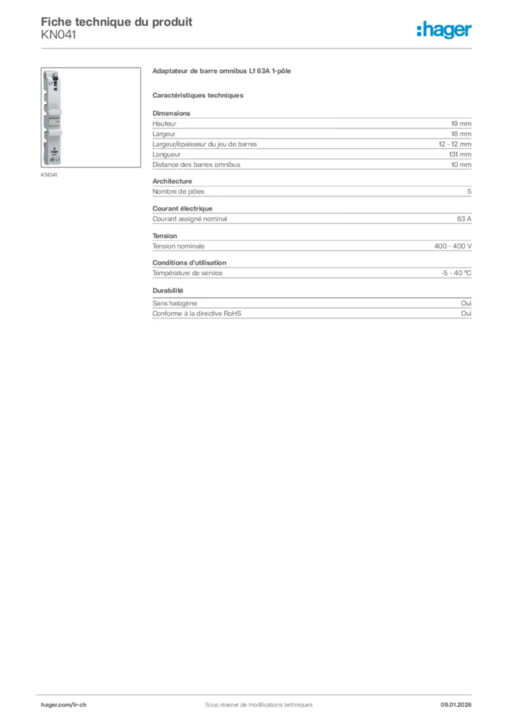 Image Hager Fiche technique du produit KN041 | Hager Suisse