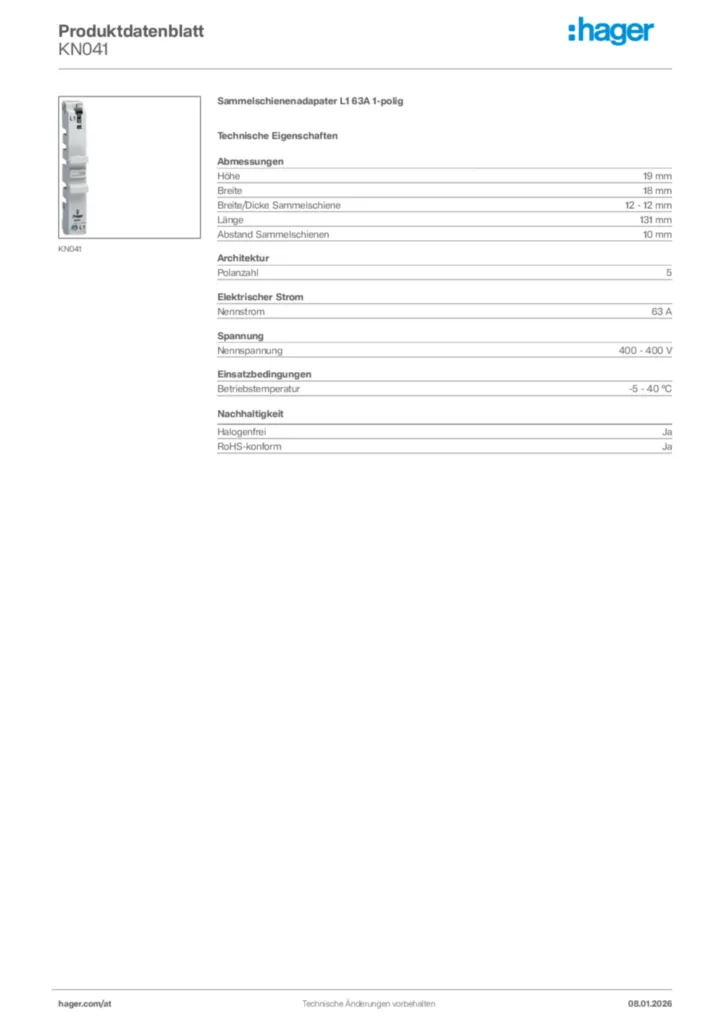 Bild Hager Produktdatenblatt KN041 | Hager Deutschland